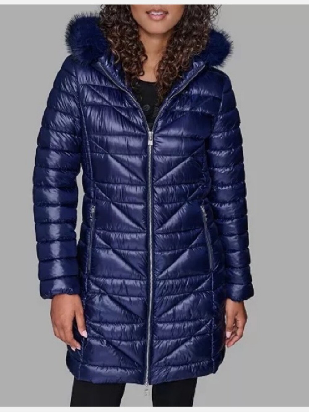 Karl Lagerfeld Navy Quilted Long Packable Puffer with Fur-Trim Hood